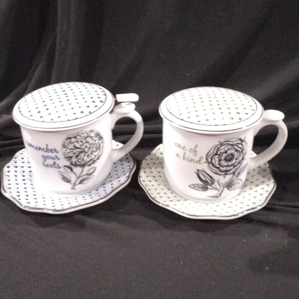 Set Of 2 Andrea By Sadek Grafting Whimsy Cup Saucer With Strainer Set